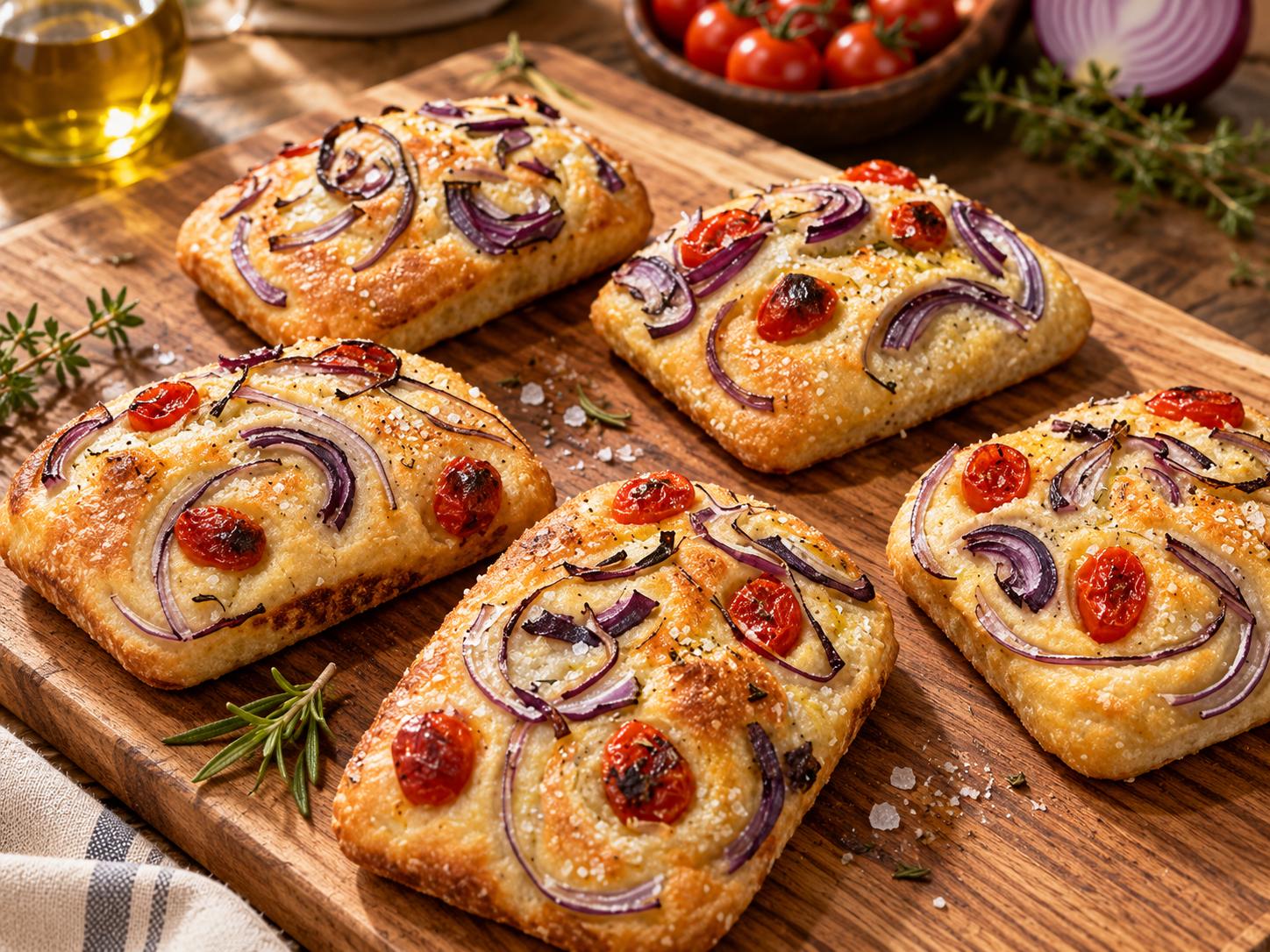 Focaccias mini rústicas con jitomate cherry y cebolla morada sobre una tabla de madera