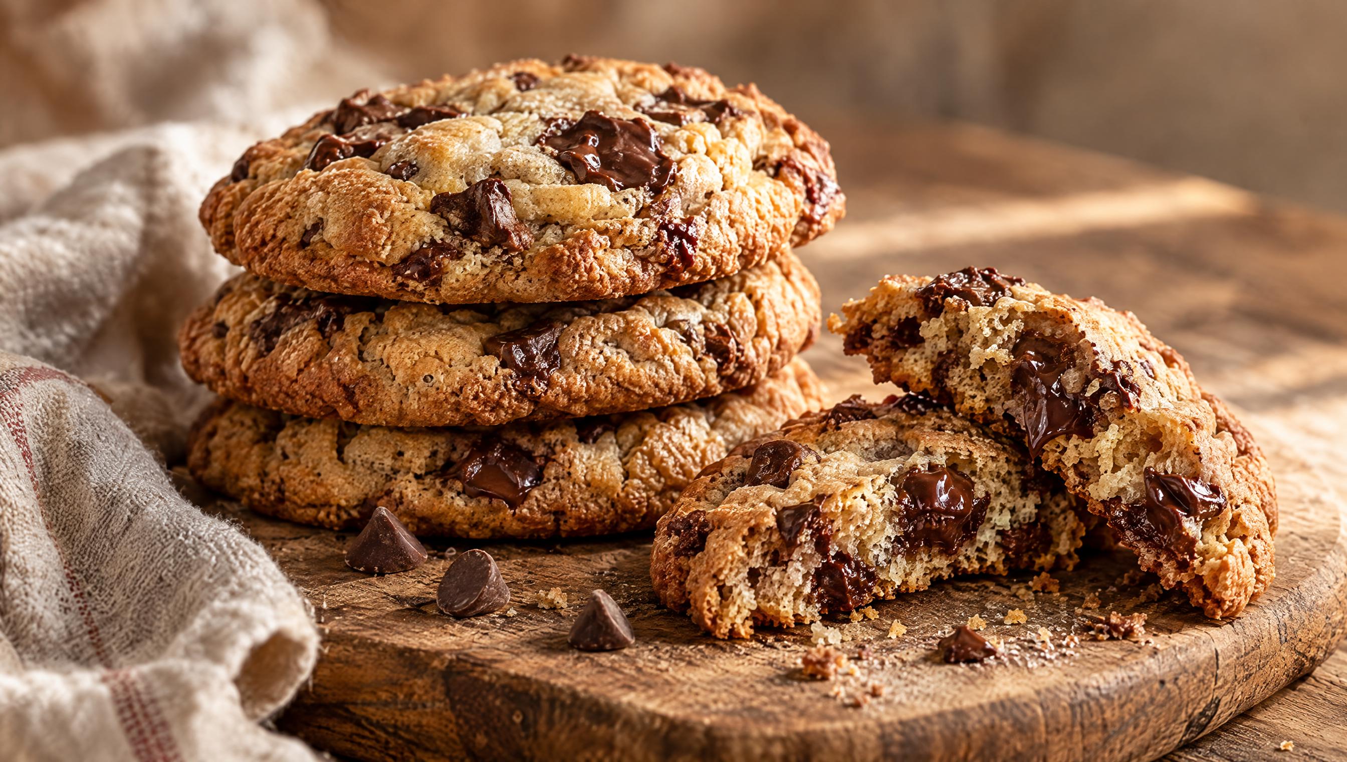 Galletas grandes con chispas de chocolate, una partida a la mitad