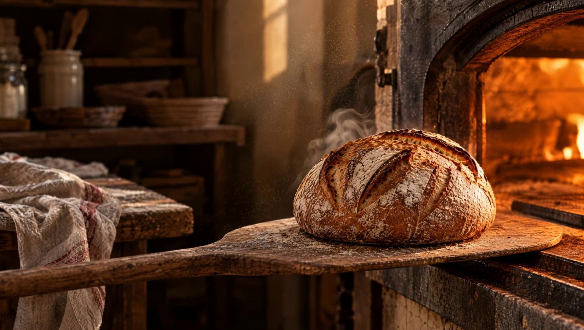 Hogaza de masa madre recién salida del horno, humeando sobre la pala de madera