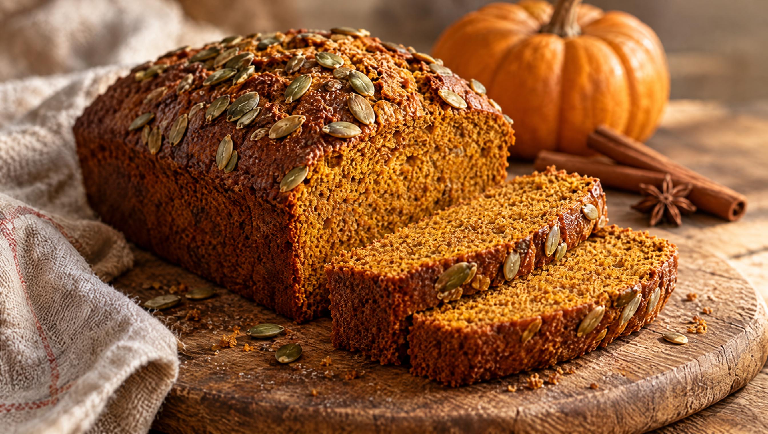 Panqué de calabaza especiado rebanado, con una calabaza y canela al fondo