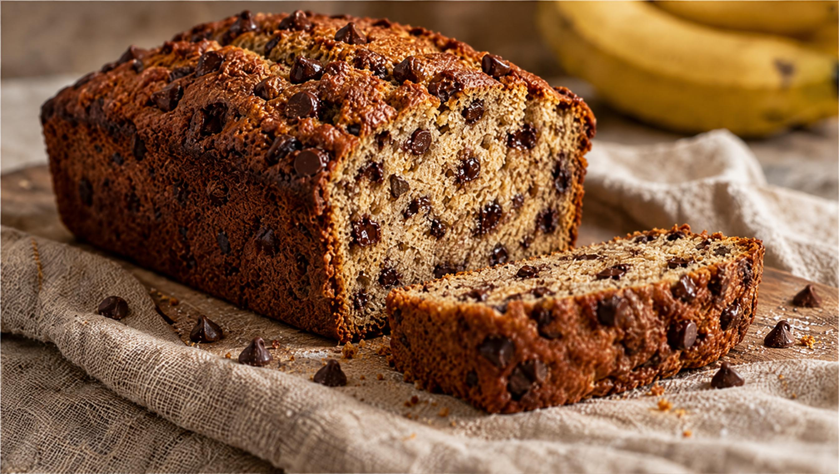Pan de plátano con chispas de chocolate, rebanado, con plátanos al fondo